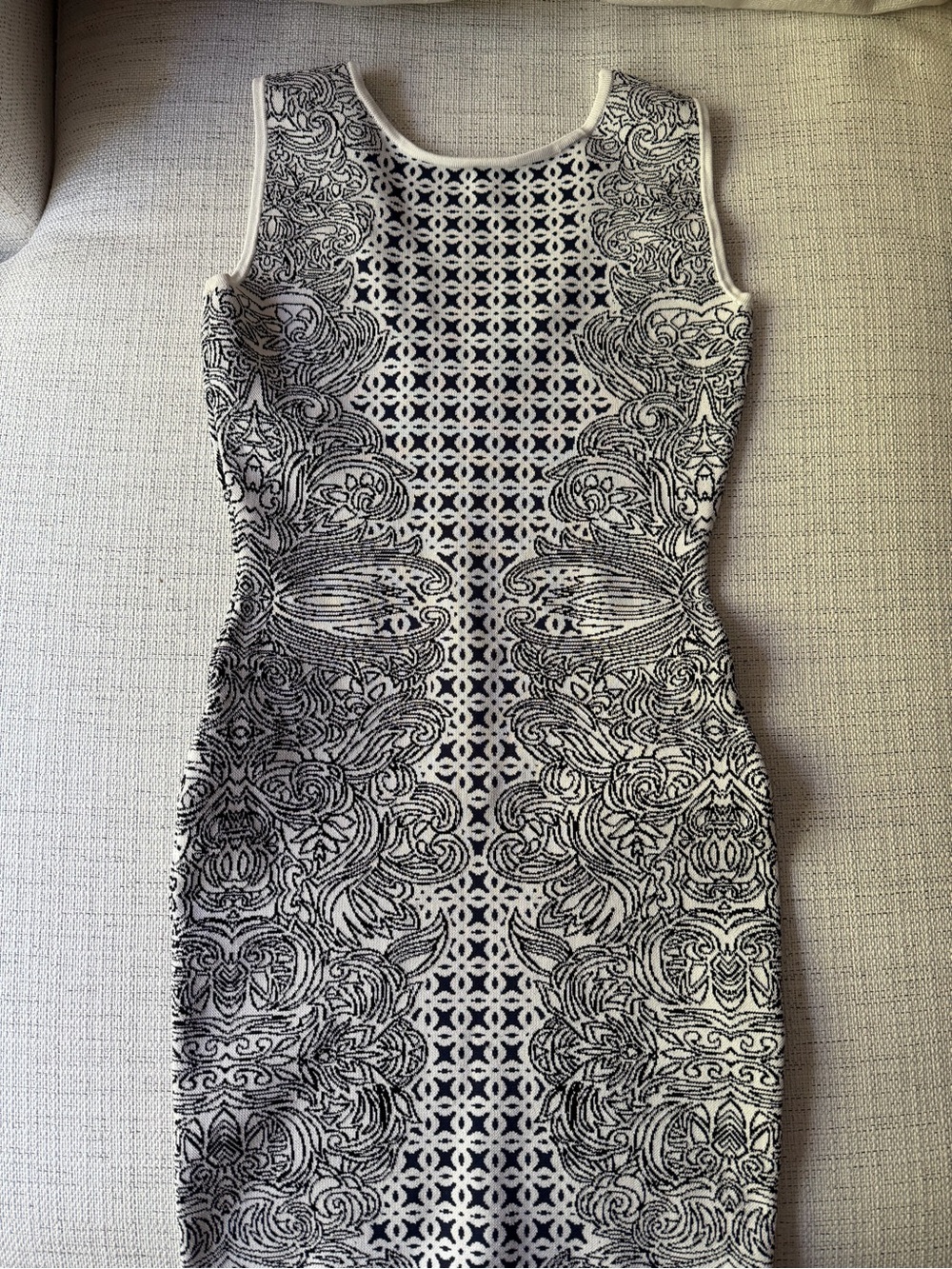 BCBGMaxAzria Black and White Sleeveless Midi Sheath Dress